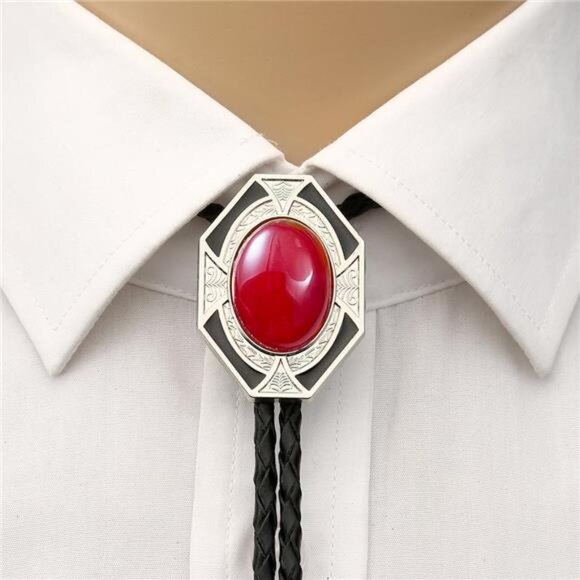 Western Native Cowboy Necktie Leather Red2 - Picture 2 of 7